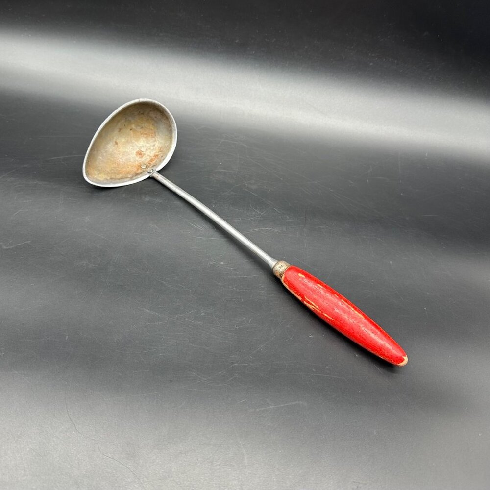 Vintage Ladle Spoon Dipper Red Wooden Handle Rustic Kitchen 1950s Retro Mid Cent